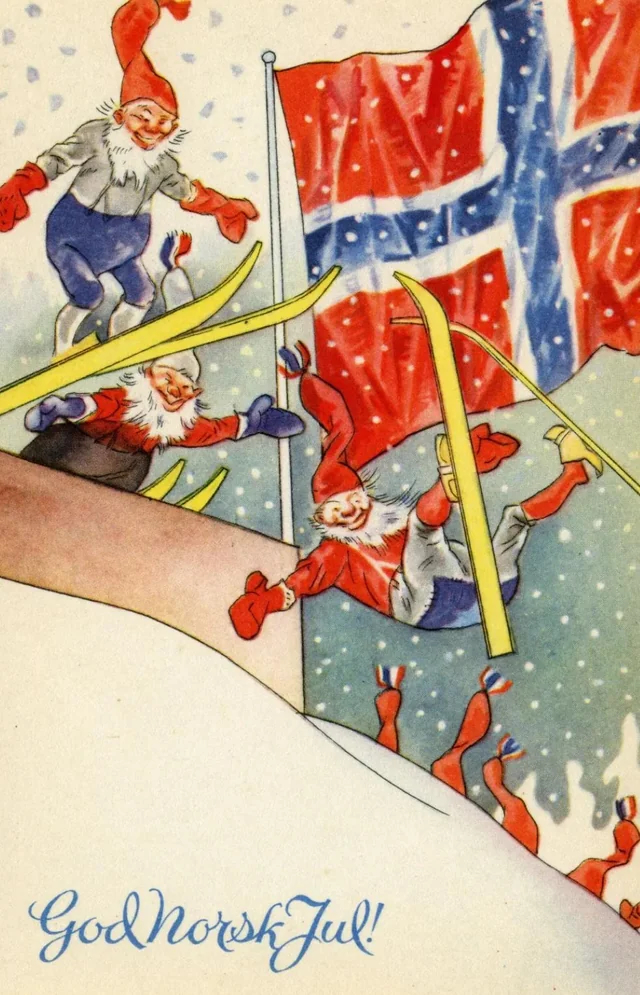 Vintage postcard depicting Nisse wearing red pointed hats